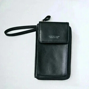 Yoviee Women Clutch Bag Purse 100% Black  Leather Travel Wallet Multi-purpose .